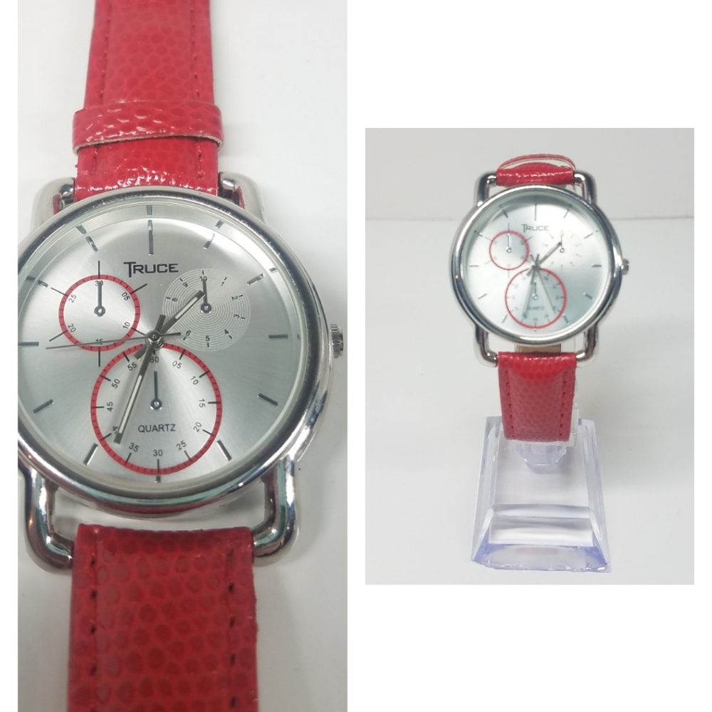 Truce Red Faux Leather Stainless Steel Watch